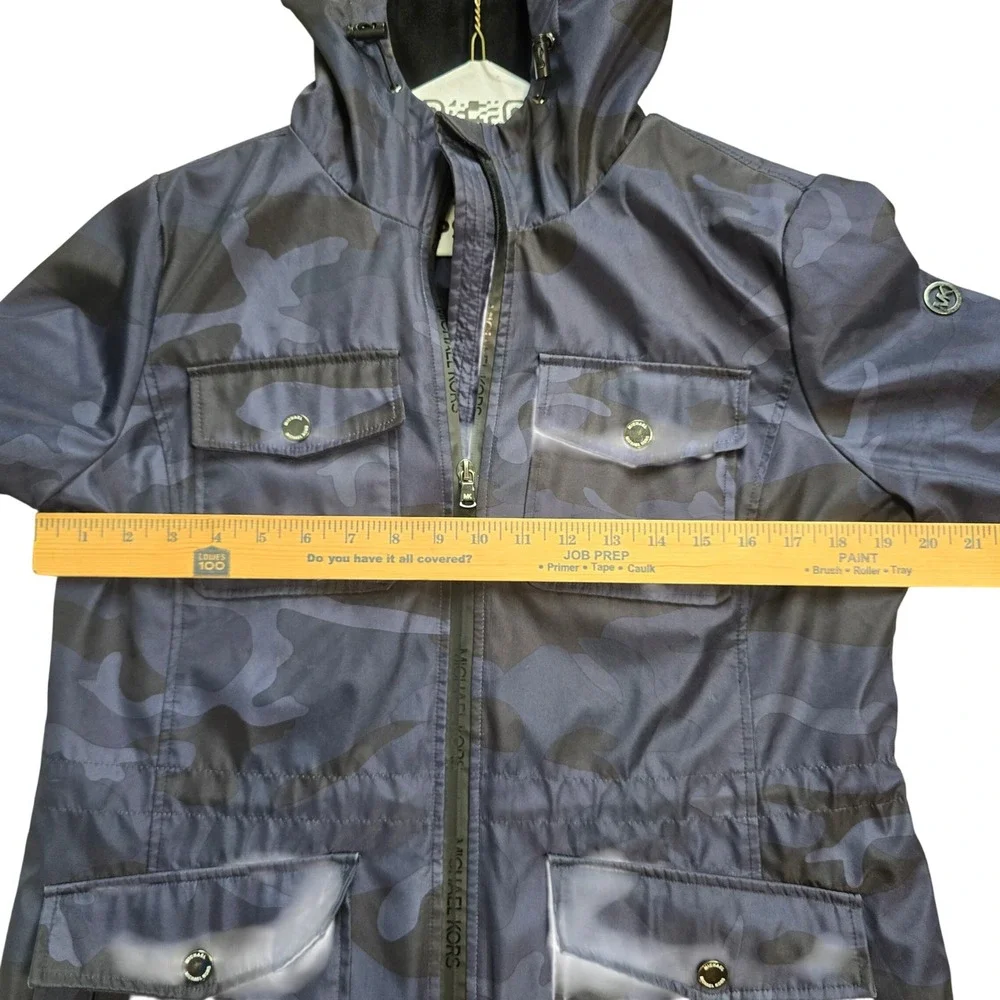 Michael Kors Womens Medium Navy Blue Camo Hooded Anorak Field Jacket Full Zip